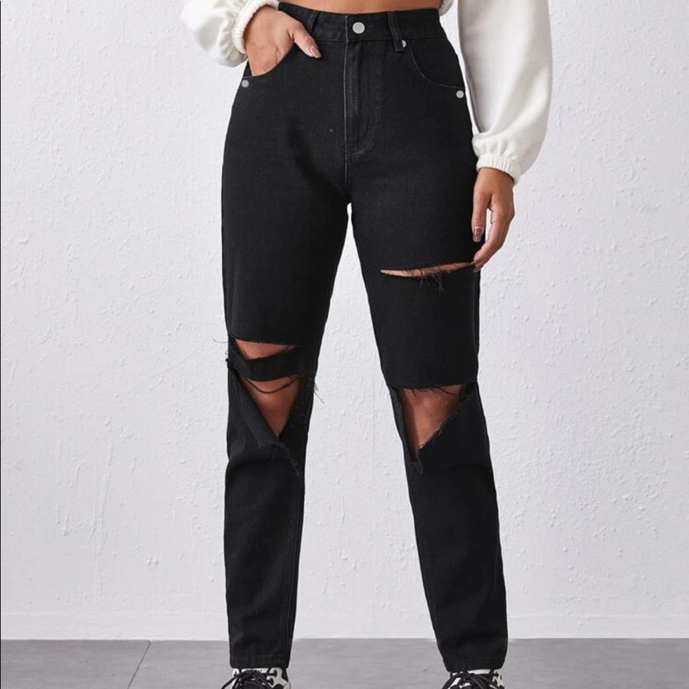 SHEIN High Waist Black Ripped Jeans | Large